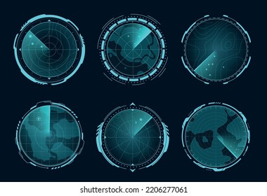 Hud Radar. Navy Sonar Digital Target Detect System For War Weapon In Airplane Or Submarine, Screen Interface Military Navigation Technology Aim Scanning, Vector Illustration Of Screen Scanner Army