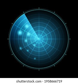 HUD radar with targets in action. Military search system, vector illustration