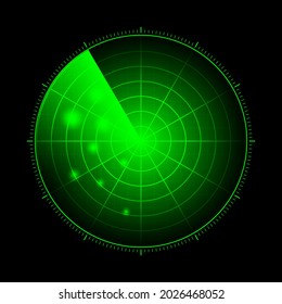 HUD radar with targets in action. Military search system, vector illustration