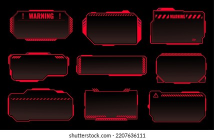 HUD red danger, warning attention frames, vector game futuristic interface. Ui alert or caution message of future technology digital dashboard, hologram windows, warning, danger or attention info box