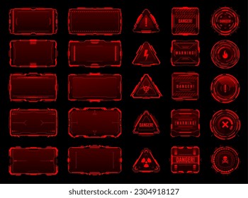 HUD red danger and warning interface frames. Sci-Fi user interface display or message vector frame. Future dashboard panel, electricity strike alert, contamination hazard, dangerous area warning sign