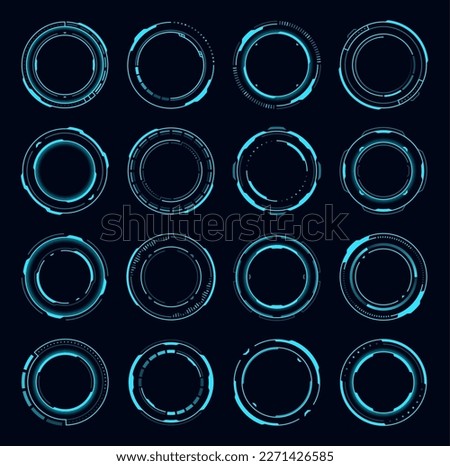 HUD round frame borders, aim control target and navigation element, vector circles. HUD futuristic technology or Sci Fi game interface of digital holograms or circle frames and virtual round controls