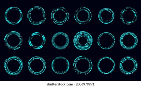 HUD round frames and borders, aim control and digital interface, vector. HUD technology and future tech game, target borders and hologram frames, user data UI display buttons and radars