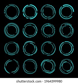 HUD round frames or borders, vector sci fi circular neon elements for UI interface. Futuristic glowing circles, buttons for computer game or app menu panel, modern design in techno HUD style