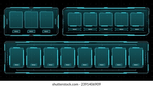 Hud sci fi futuristic game frames, displays and screens. Info boxes ui interface in digital modern tech style. Vector hi-tech neon colored glowing design elements for gamer menu, or user applications