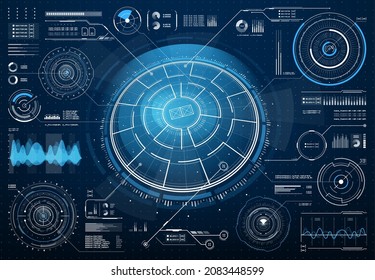 HUD Sci Fi interface with circular aim target control, radar and sound check vector graphic elements. Game UI, program or app user interface futuristic design graphs, circular diagrams and waves