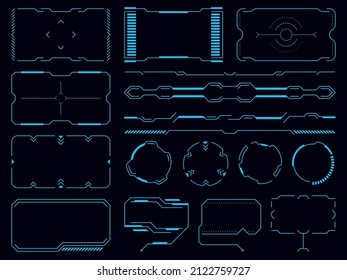 HUD sci fi user interface elements. Futuristic digital technology blank frames and bars. Info call boxes. Game borders layout. Control panel. Virtual dashboard. Vector UI