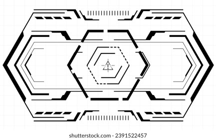 HUD sci-fi hexagon interface screen view black hexagon geometric design virtual reality futuristic technology creative display on white vector illustration.