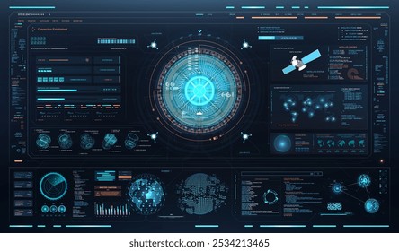 HUD, ficção científica, elementos de alta tecnologia, interface de usuário futurista, visualização de dados, controle de satélite, sistema de rastreamento global. GUI para jogos, painel de instrumentos HUD, FUI app, UI, UX set. Interface gráfica vetorial