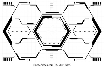 HUD sci-fi interface screen view black hexagon geometric on white design virtual reality futuristic technology creative display vector illustration.