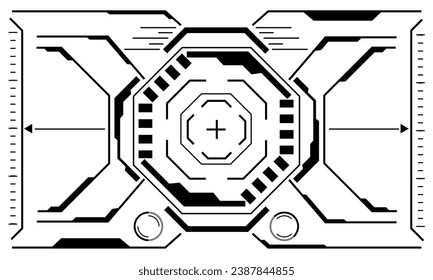 HUD sci-fi interface screen view black octagon geometric on white design virtual reality futuristic technology creative display vector illustration.	