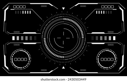 HUD sci-fi interface screen view white circular geometric design virtual reality futuristic technology creative display on black vector illustration.