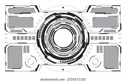 HUD sci-fi interface screen view schwarz kreisförmige geometrische design virtuelle futuristische technologie kreative anzeige auf weiß vektor illustration.