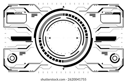 HUD sci-fi interface tela vista branco circular geométrica design virtual tecnologia futurista exibição criativa na ilustração vetor preto.