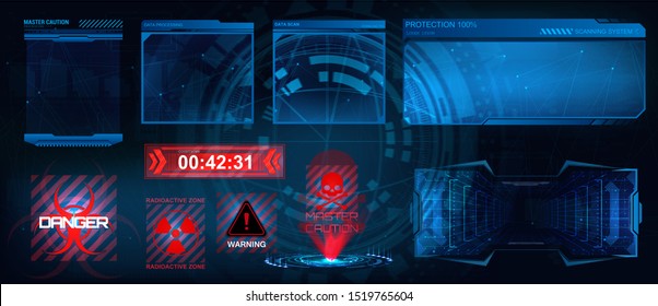 HUD Siebrahmen. Einstellen der Anzeigeelemente nach oben. Hightech-Bildschirme für VR-Punkte, Gamedev-Elemente, Game-Design-GUI. Futuristische Rahmenbedingungen. Vektor-Set-HUD-Benutzeroberfläche
