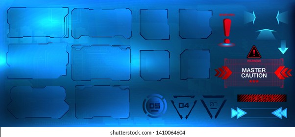 HUD screens, futuristic user interface. Elements set. Abstract control panel layout design. VR points, gamedev elements, game disign GUI. FUI, HUD UI.  Vector illustration virtual tech display. Vector