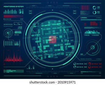 Tecnología del sistema de vigilancia de seguridad HUD. Pantalla del centro de control del servicio secreto, la policía o el ejército con interfaz de seguimiento de datos del sensor de movimiento objetivo, pantalla de radar, mapa de neones y gráficos de información