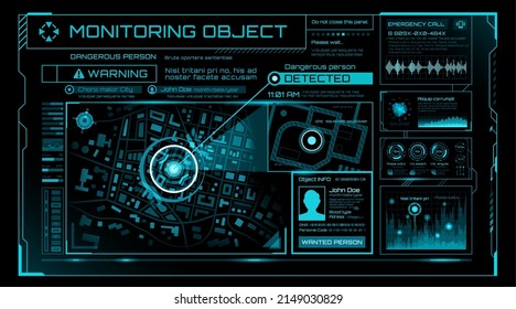 HUD security monitoring system technology, digital interface screen, vector UI. HUD cyber security monitor, target location detection or positioning and spy surveillance in global cybersecurity system
