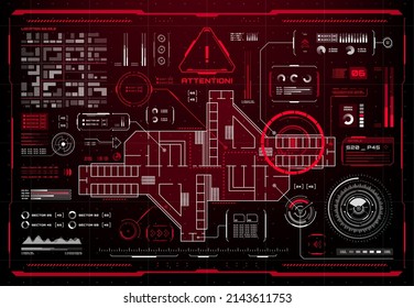 interfaz de visualización inteligente de seguridad HUD. Mapa de prisiones vectorial pantalla de atención de alerta de juego de Sci Fi con peligro de holograma rojo, mensajes de advertencia y advertencia, marcadores de ubicación de objetos, gráficos y gráficos