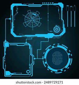 HUD Seguridad Interfaz de usuario Innovación Tecnología Panel de control Vector. Elementos objetivo y huellas dactilares.