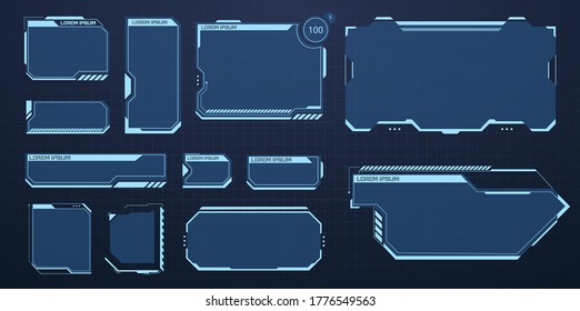 HUD set frames. Futuristic modern user interface elements, hud control panel. High tech screen for video game. Sci-fi concept design. Information call box bars and modern digital info boxes layout
