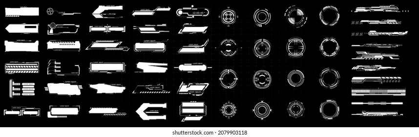 HUD set frames. Futuristic modern user interface elements, control panel. Hud interface icons vector illustration set. Circle and rectangular shape borders. High tech screen for video game.