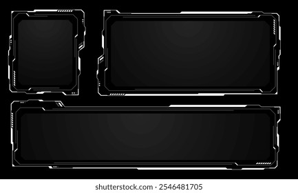 HUD set frames branco cinza elementos de interface do usuário design tecnologia moderna futurista painel de controle tela holograma digital janela menu de jogos tocando monitor cibernético definido no vetor de fundo preto.