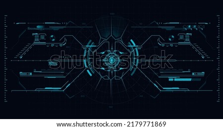 HUD sight control interface, futuristic sci-fi game user interface. Projection or hologram, a template for game or VR headset. Futuristic digital aim panel, modern tech viewfinder, isolated on black.
