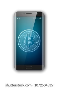 HUD smartphone bitcoin. Phone digital currency money. technology microchip mining worldwide network concept. Web banner golden bitcoin on smartphone background. Physical phone bit coin. Cryptocurrency