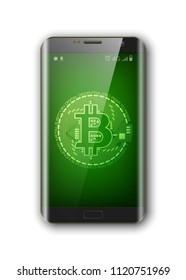 HUD smartphone bitcoin. Phone digital currency money. technology microchip mining worldwide network concept. Web banner golden bitcoin on smartphone background. Physical phone bit coin. Cryptocurrency