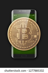 HUD smartphone bitcoin. Phone digital currency money. technology microchip mining worldwide network concept. Web banner golden bitcoin on smartphone background. Physical phone bit coin. Cryptocurrency