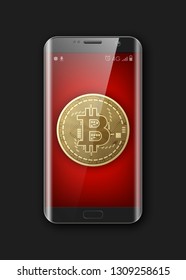 HUD smartphone bitcoin. Phone digital currency money. technology microchip mining worldwide network concept. Web banner golden bitcoin on smartphone background. Physical phone bit coin. Cryptocurrency