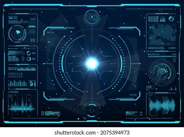 HUD spaceship or shuttle aircraft digital screen interface, vector ui or gui of Sci Fi space game. Hologram screen of head up display with aim control panel frame, menu and info bars, map and graphics