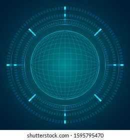 HUD sphere grid with 3 degree indicator on blue dark background digital screen.