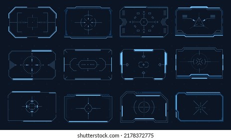 HUD square target. Futuristic user interface frames and borders, Sci-Fi target aim, modern technology viewfinder. Vector digital focus design element collection. Illustration of ui border frame