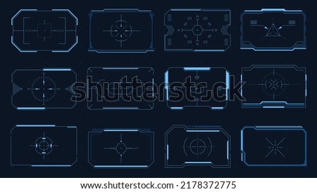 HUD square target. Futuristic user interface frames and borders, Sci-Fi target aim, modern technology viewfinder. Vector digital focus design element collection. Illustration of ui border frame