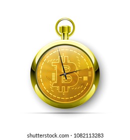 HUD stopwatch bitcoin. Digital currency pocket watch money. Technology bitcoin mining worldwide network concept. Web banner clock bitcoin. Physical bit coin. Cryptocurrency technology gold coins money