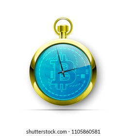 HUD stopwatch bitcoin. Digital currency pocket watch money. Technology bitcoin mining worldwide network concept. Web banner clock bitcoin. Physical bit coin. Cryptocurrency technology gold coins money