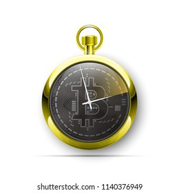 HUD stopwatch bitcoin. Digital currency pocket watch money. Technology bitcoin mining worldwide network concept. Web banner clock bitcoin. Physical bit coin. Cryptocurrency technology gold coins money
