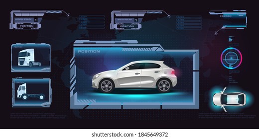 HUD style car interface. Holographic panel with car. Setting up the electronic system of the car. Diagnostics analysis maintenance. Vector car