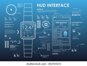 HUD style icon elements. Head-up display elements for the web and app. Futuristic user interface. Virtual graphic. link watches with a smartphone