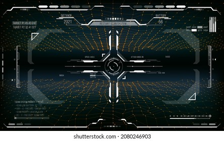 HUD Zielkontrolle, futuristische Display-Bildschirm-Bildschirm-Schnittstelle, Vektorgrafik fremder Planet. HUD-Digitalradar mit Crosshair-Kreis, Spieltechnologie und zukünftiger Technologie-Benutzeroberfläche oder GUI, Zielzielsteuerung