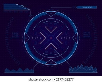 HUD target. Futuristic game interface framing for target focus, lock and aiming, sci-fi shooter game asset for collimator aim. Vector technology UI illustration. Tech frame game interface