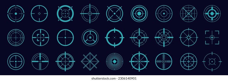 Hud targets elements, focus crosshair graphics. Control target, sniper aims for games. Futuristic tech military radar interface, army decent vector signs