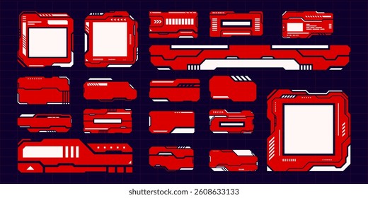 HUD Technology futuristic UI design elements in red tones on dark background. The elements consist of various shapes and sizes, conveying a sense of technological innovation