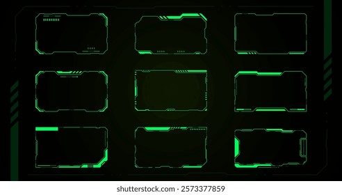 HUd technology set of 9 futuristic green digital frames on black background. They are perfect for creating futuristic, tech or gaming designs.