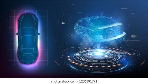 HUD UI. Abstract virtual graphic touch user interface. Car service in the style of HUD .hologram of the car. Car projection.