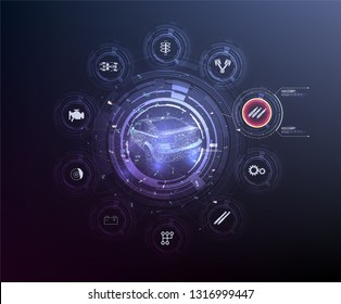 HUD UI. Abstract virtual graphic touch user interface. Car service in the style of HUD .hologram of the car. Car projection. Hardware Diagnostics Condition of Car. Vector 