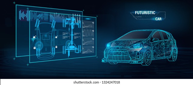 HUD UI. Abstract virtual graphic touch user interface. Car service in the style of HUD .hologram of the car. Car projection.