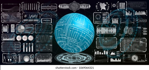 Diseño de elementos de la interfaz de usuario HUD para la aplicación empresarial. Tecnología abstracta, concepto futurista Interfaz de usuario Sci-Fi para aplicaciones, holograma, comunicación, estadística, datos, infografía. Tecnología de alta tecnología HUD, UI, GUI